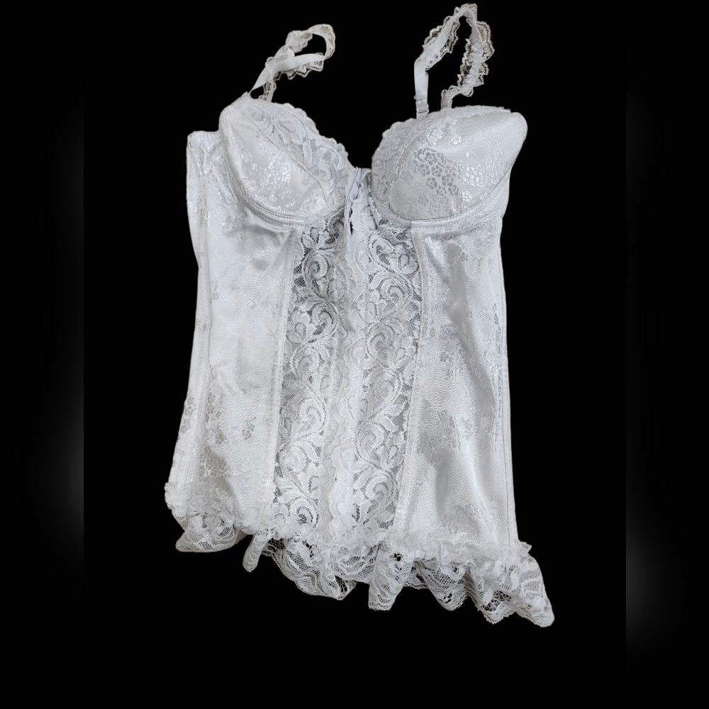 Charmever White Long Line Jaquard Satin Corset Size S